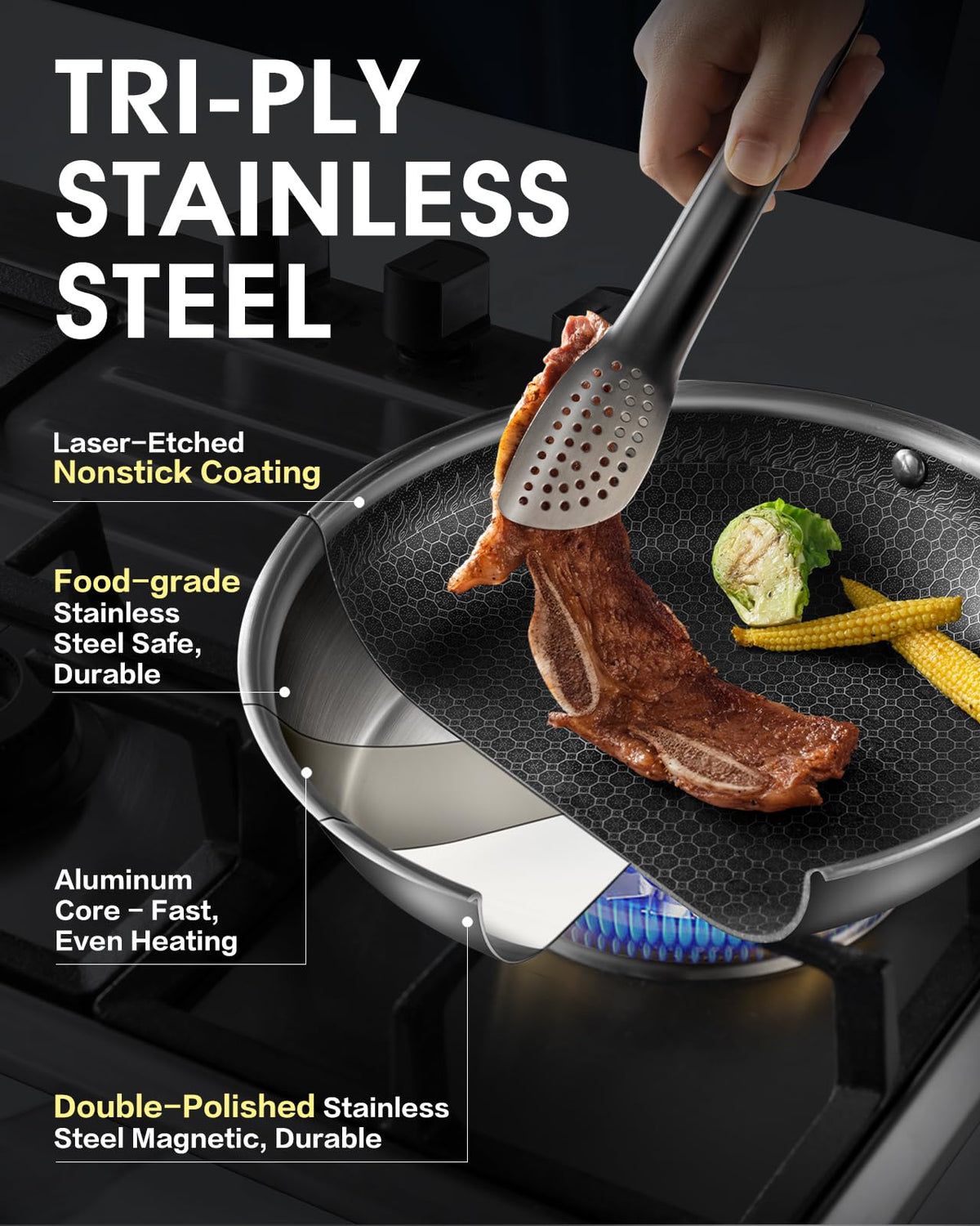 Nonstick Stainless Steel Frying Pans with Lid Z20647