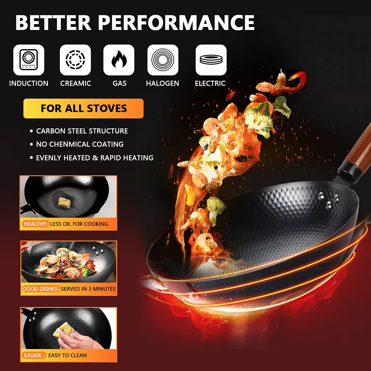 14 Piece Carbon Steel Wok Pan Set with Wooden Lid C90109