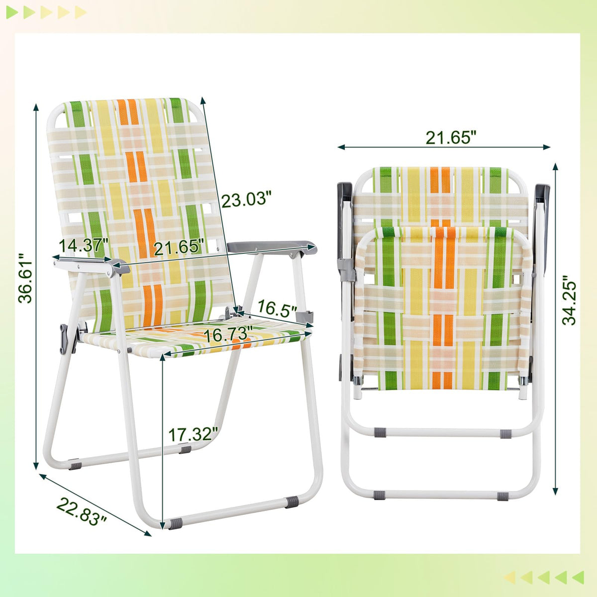 Set of 2 Webbed Folding Beach Chairs Yellow & Green C405