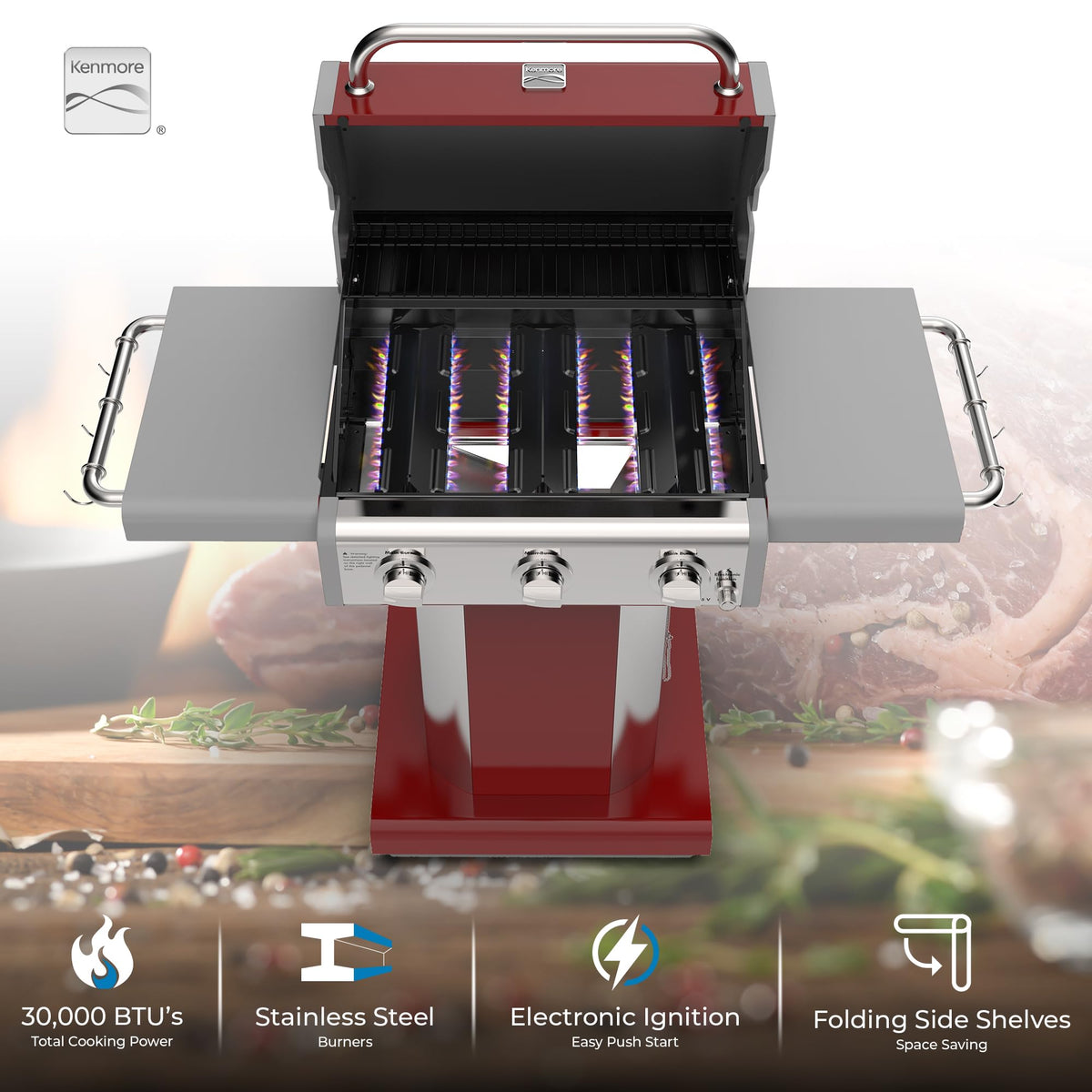 3-Burner Liquid Propane Gas Grill with Folding Sides, Wheels, 30000 BTU, Red S168