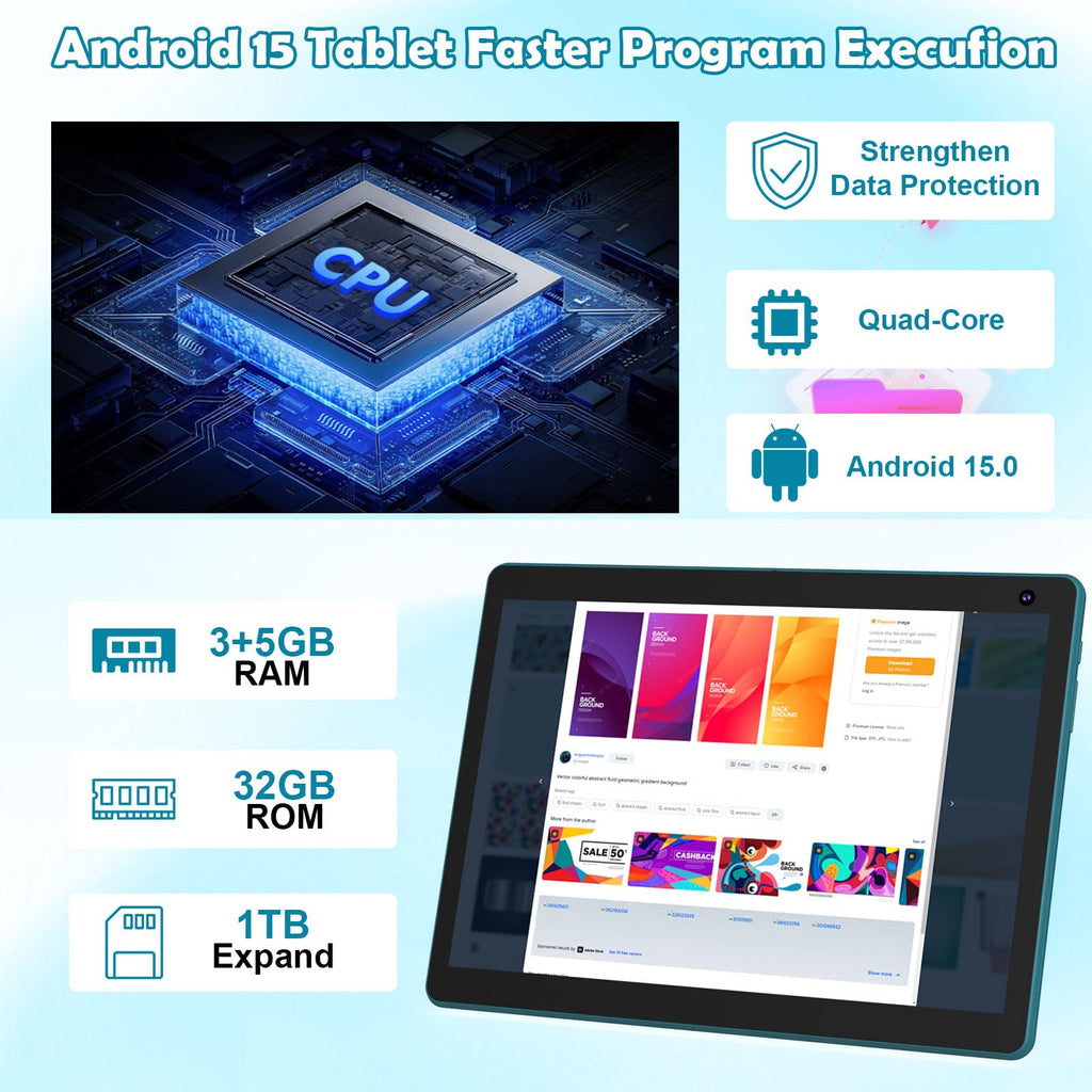Android 15 Tablet 10 inch, 2 in 1 Tablet with Keyboard, 8GB RAM+32GB ROM, 1TB Expandable, Quad-Core, HD Screen, WiFi, Navy M742963