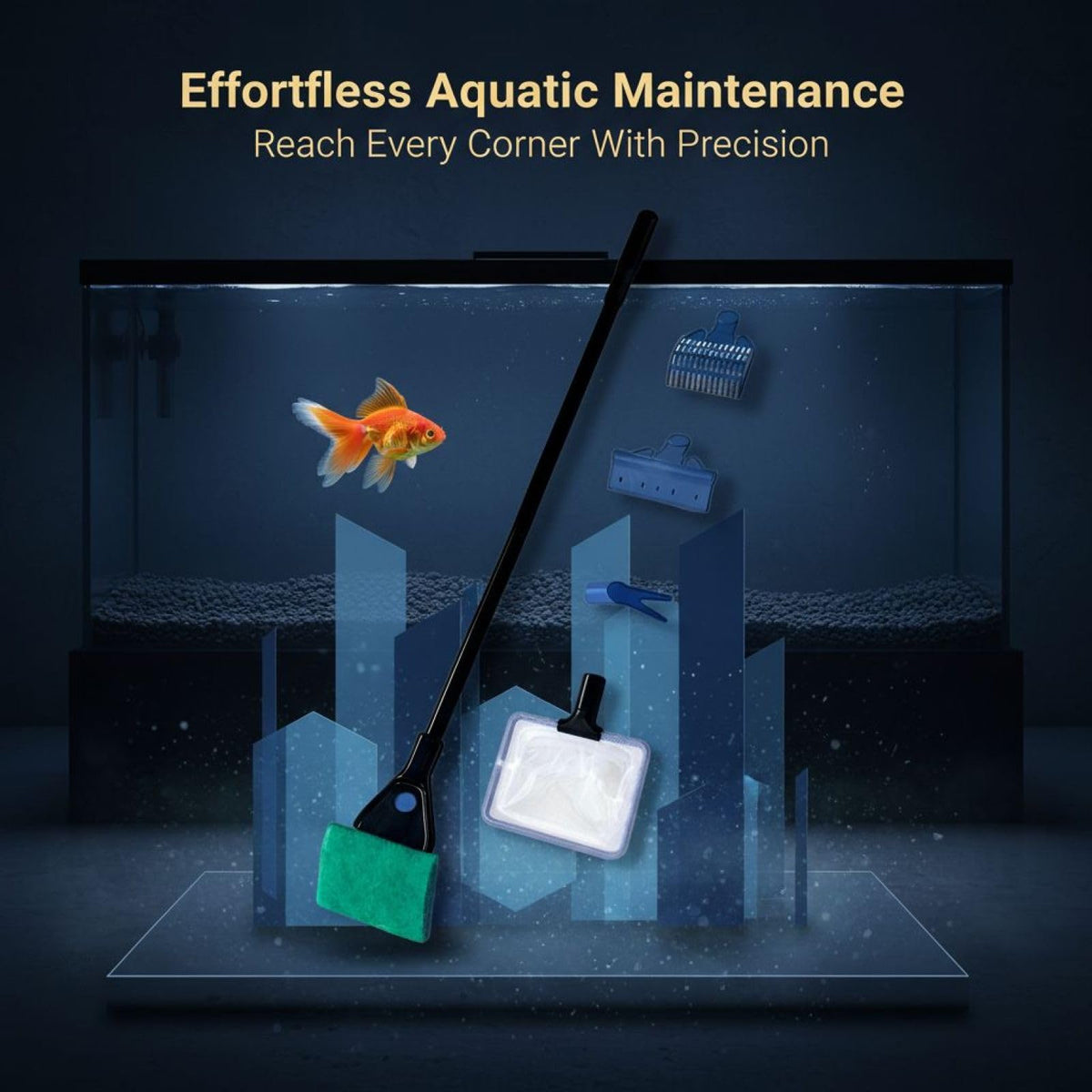 5-in-1 Aquarium Cleaning Kit with Algae Scraper Gravel Rake Fish Net Plant Clamp Brush L9429