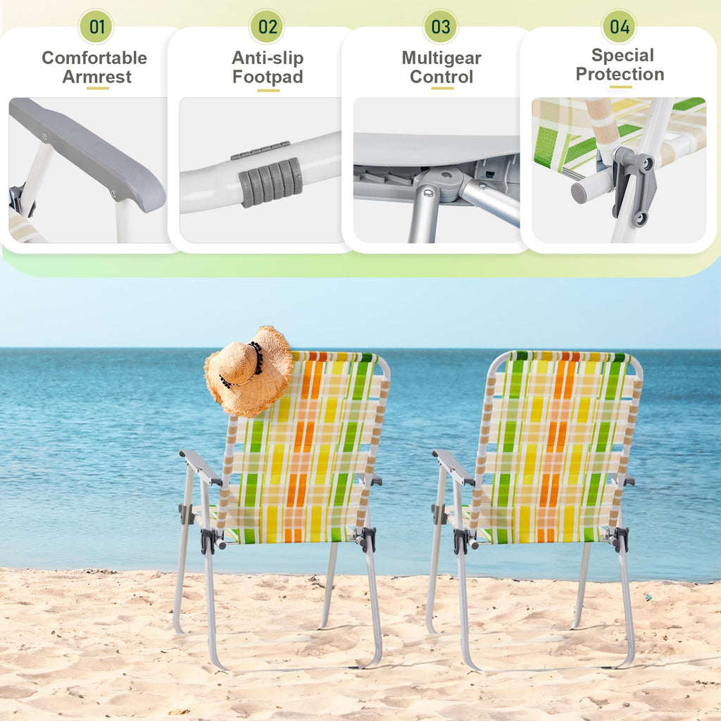 Set of 2 Webbed Folding Beach Chairs Yellow & Green C405