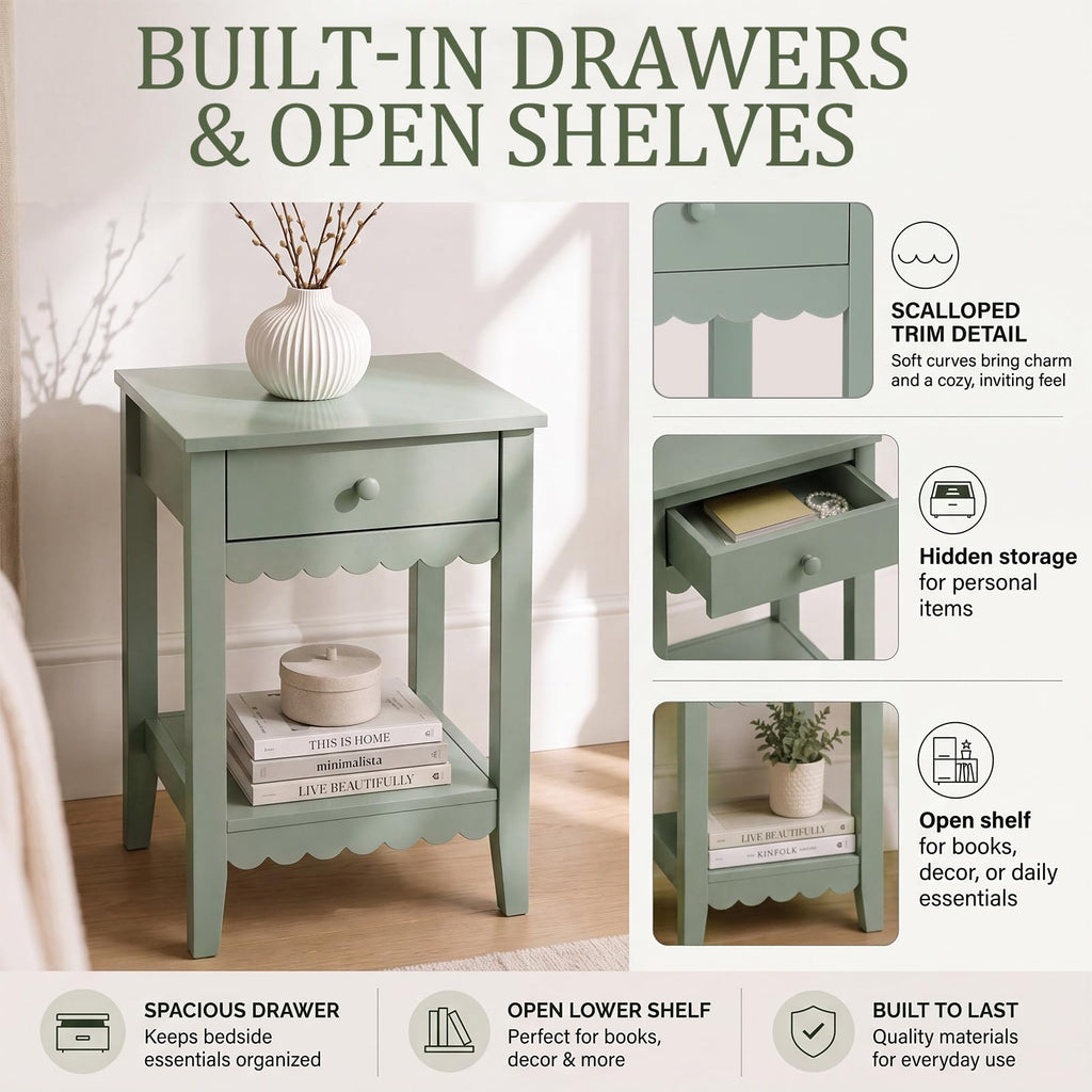 Scalloped Nightstands Side End Table with Drawer & Open Shelf F757611