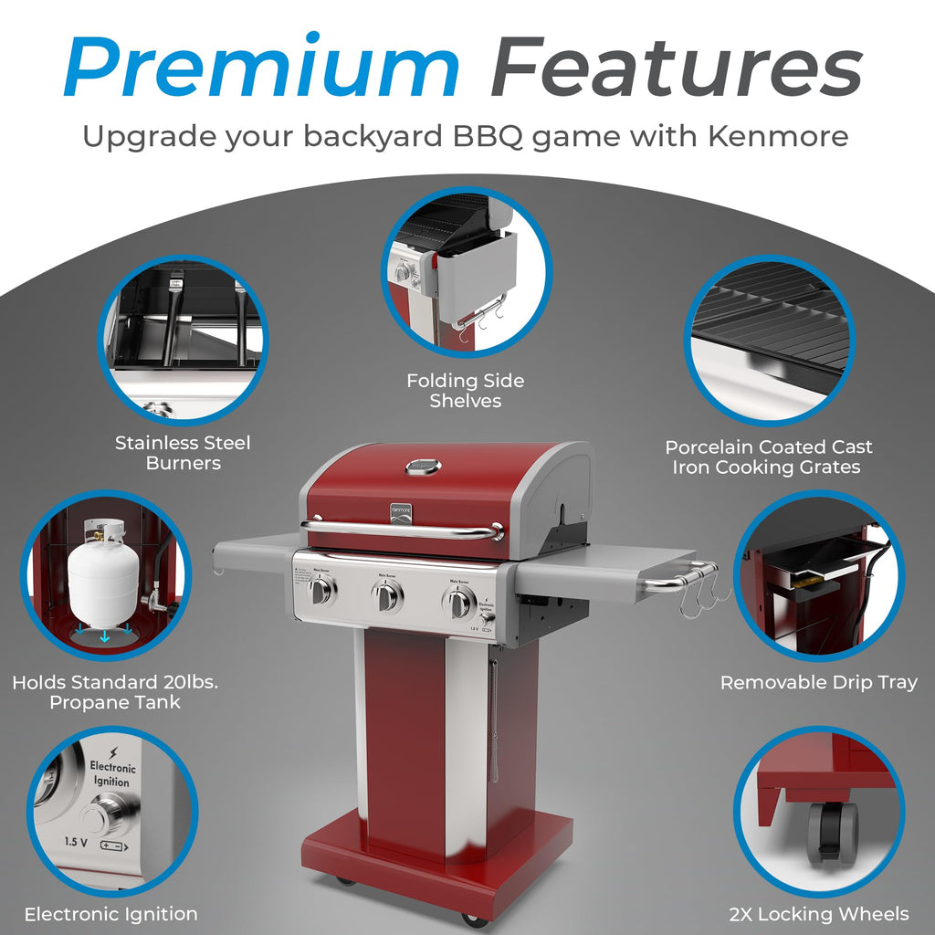 3-Burner Liquid Propane Gas Grill with Folding Sides, Wheels, 30000 BTU, Red S168