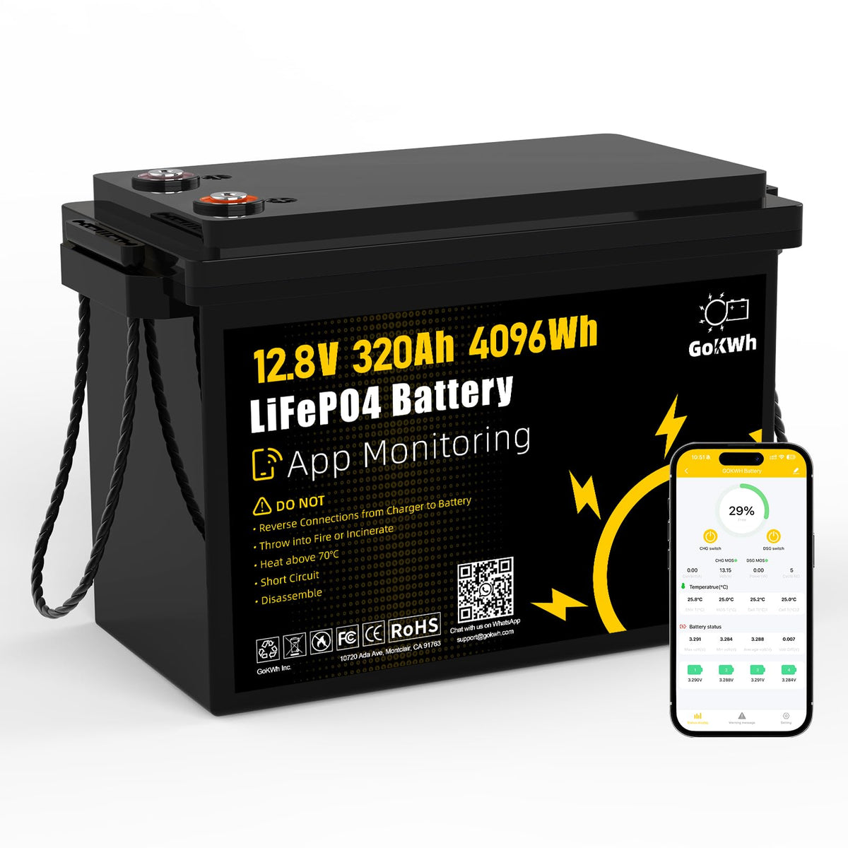 12V 320Ah LiFePO4 Lithium Battery with 200A BMS L29323