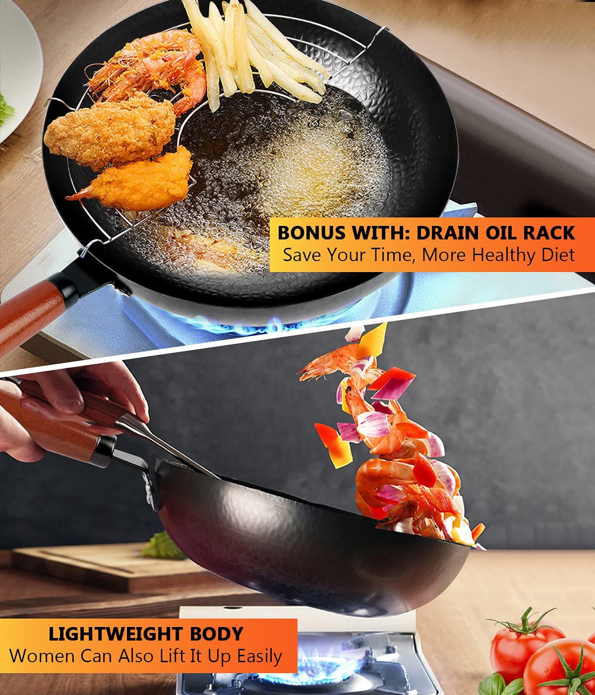 14 Piece Carbon Steel Wok Pan Set with Wooden Lid C90109