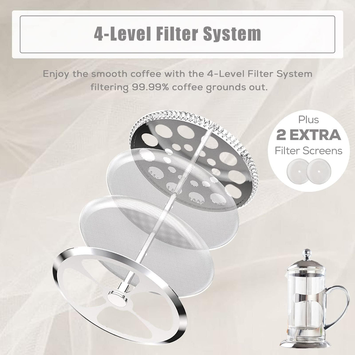 Silver 34oz French Press Coffee Maker with 4-Level Filter System Z65633