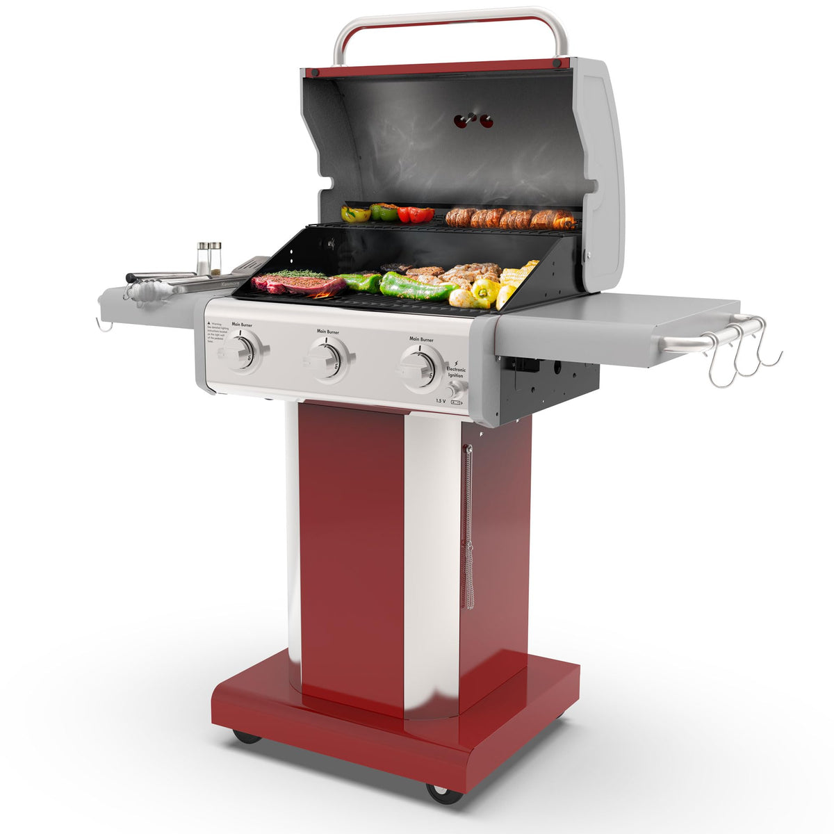3-Burner Liquid Propane Gas Grill with Folding Sides, Wheels, 30000 BTU, Red S168