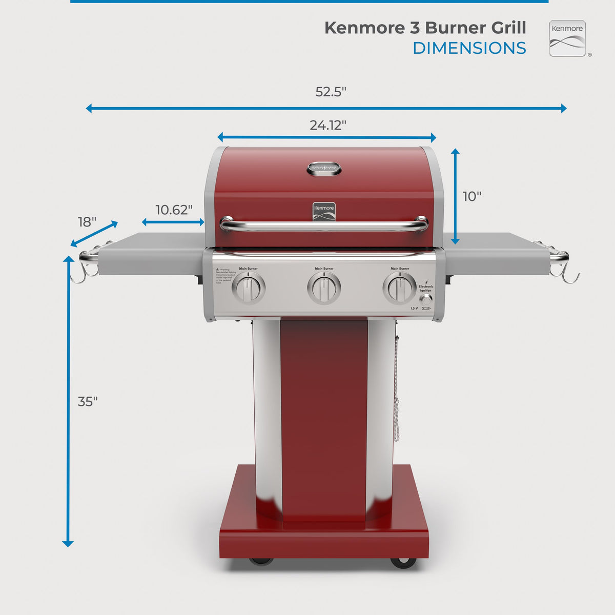 3-Burner Liquid Propane Gas Grill with Folding Sides, Wheels, 30000 BTU, Red S168