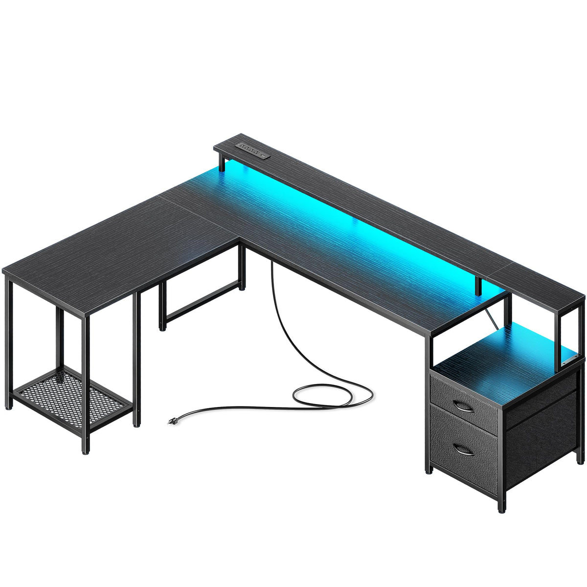 66" L Shaped Gaming Desk with LED Lights & Power Outlets Q819