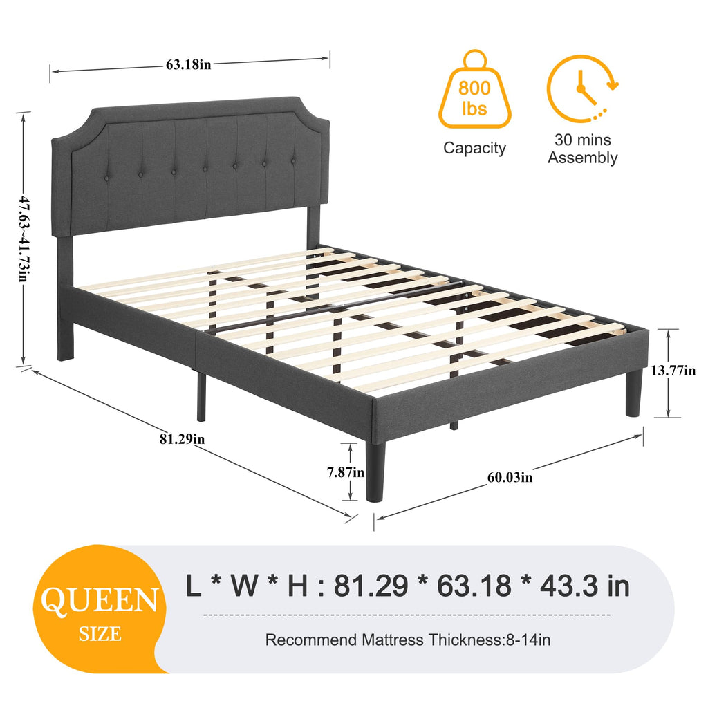 Queen Size Fabric Upholstered Platform Bed Frame with Wooden Slats G3958
