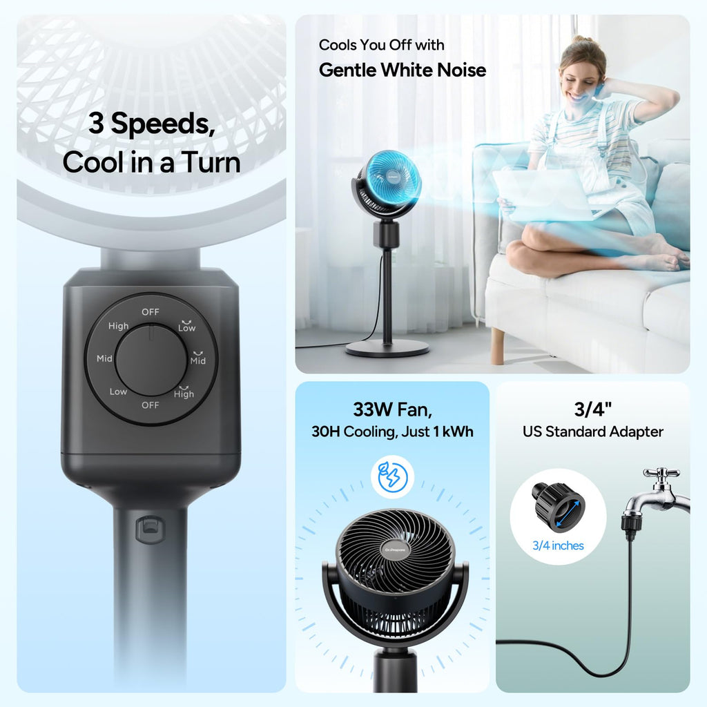 Compact Misting Pedestal Fan with Magnetic Mister, Quiet Air Circulator Standing Fan, 16-34" Adj. Height, 70°Auto-Oscillation, 3 Speeds I4824