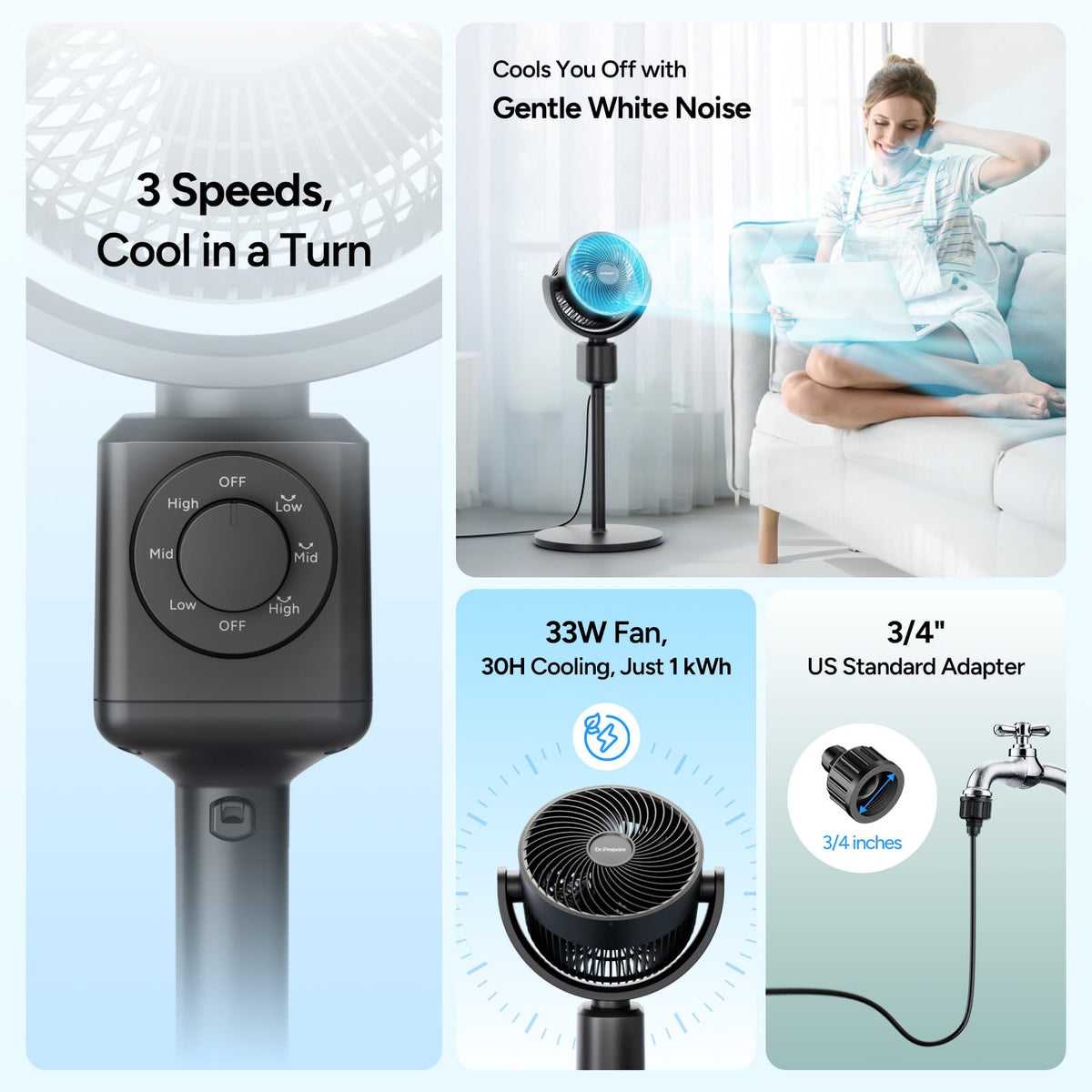 Compact Misting Pedestal Fan with Magnetic Mister, Quiet Air Circulator Standing Fan, 16-34" Adj. Height, 70°Auto-Oscillation, 3 Speeds I4824