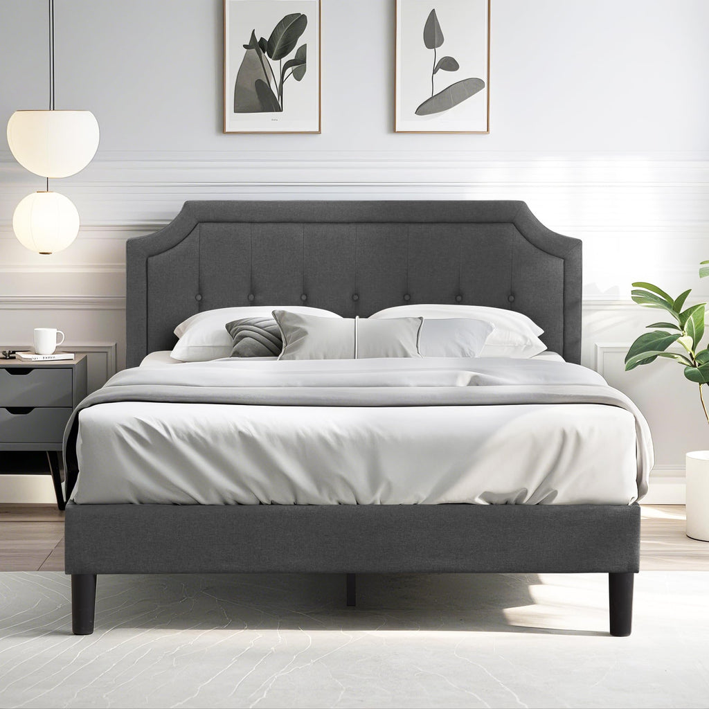 Queen Size Fabric Upholstered Platform Bed Frame with Wooden Slats G3958
