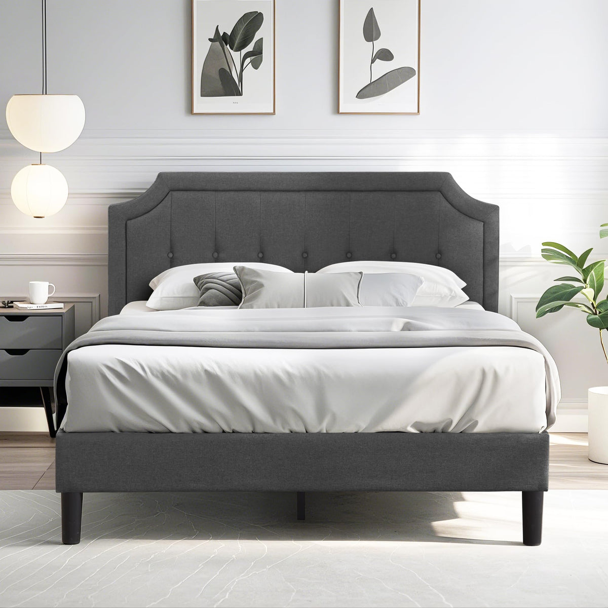Queen Size Fabric Upholstered Platform Bed Frame with Wooden Slats G3958