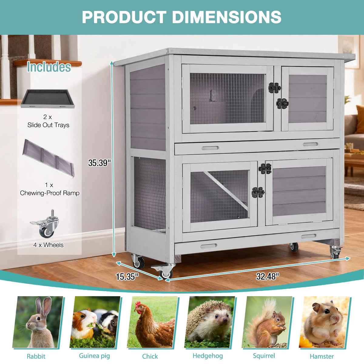 36" 2-Story Wooden Rabbit Hutch with Ramp, Trays & Wheels V9805