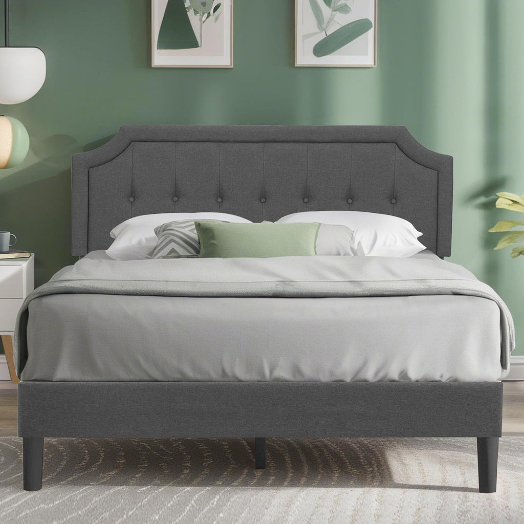 Queen Size Fabric Upholstered Platform Bed Frame with Wooden Slats G3958