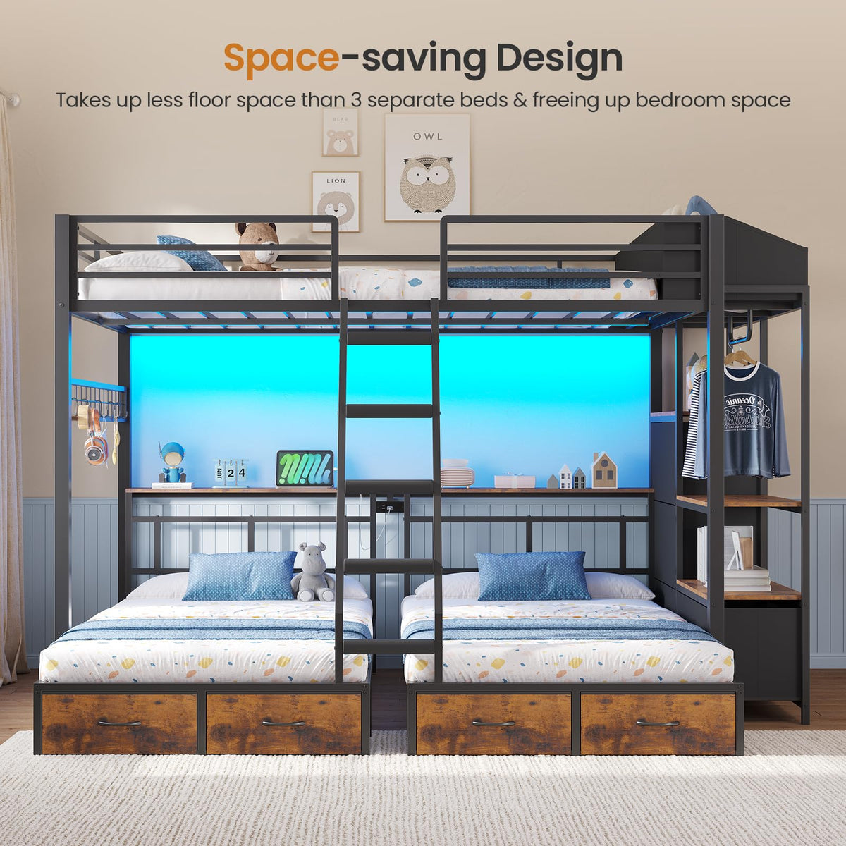 Black Triple Bunk Bed with 8 Storage Drawers and Stair G891791