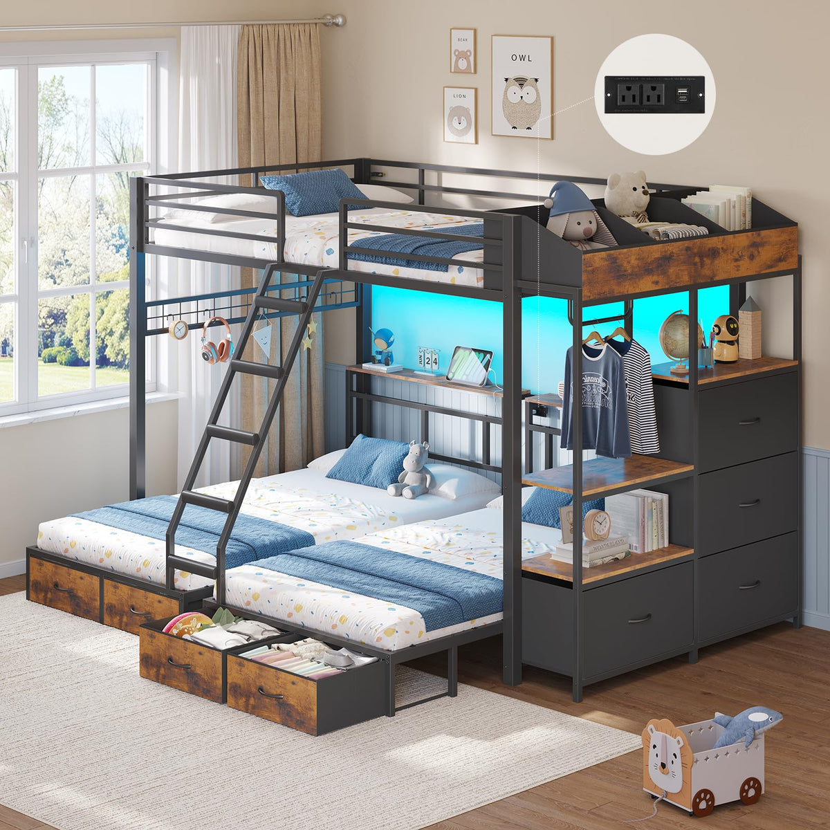 Black Triple Bunk Bed with 8 Storage Drawers and Stair G891791