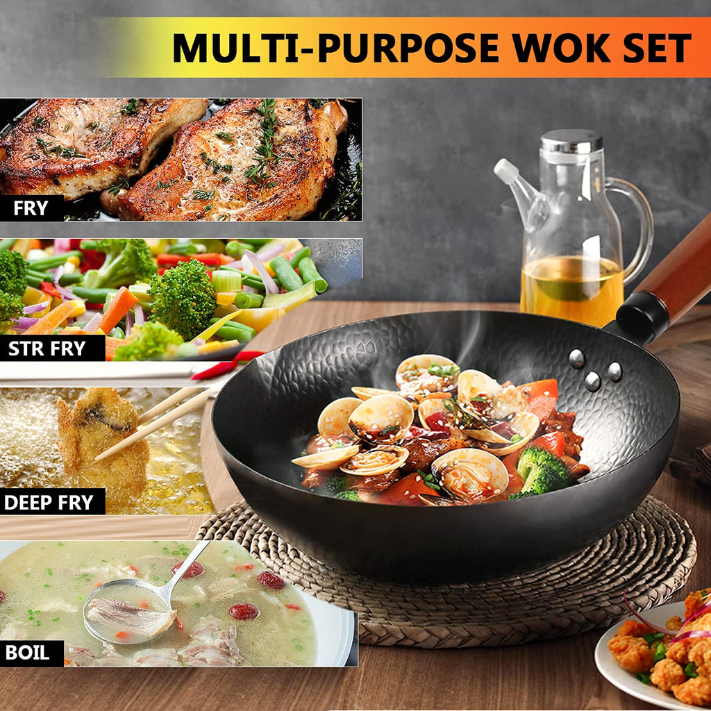 14 Piece Carbon Steel Wok Pan Set with Wooden Lid C90109