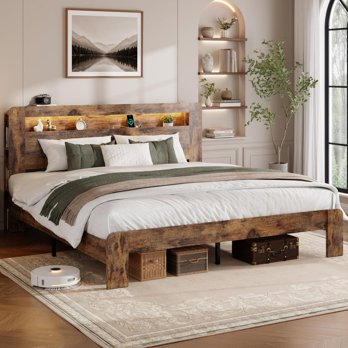 King Size Brown Wood Bed Frame with Bookcase Storage Headboard C78116
