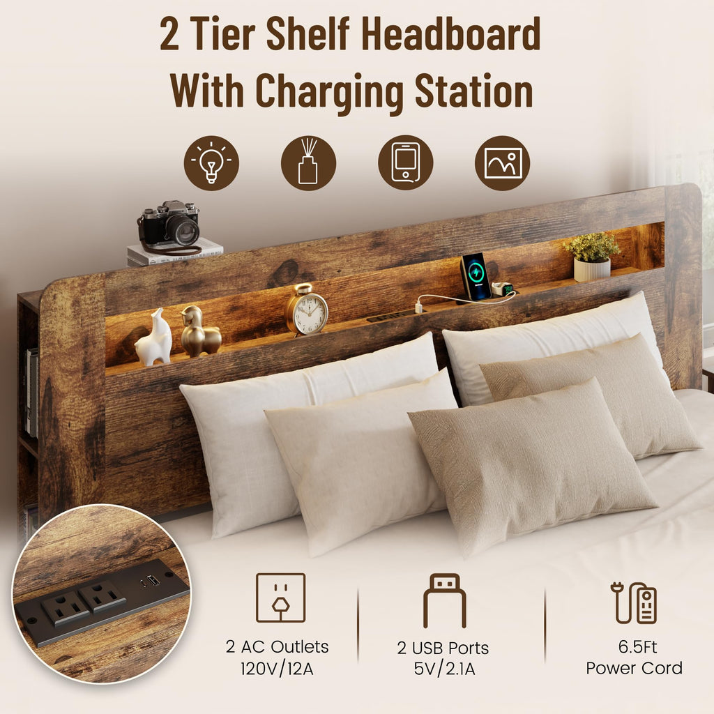 King Size Brown Wood Bed Frame with Bookcase Storage Headboard C78116