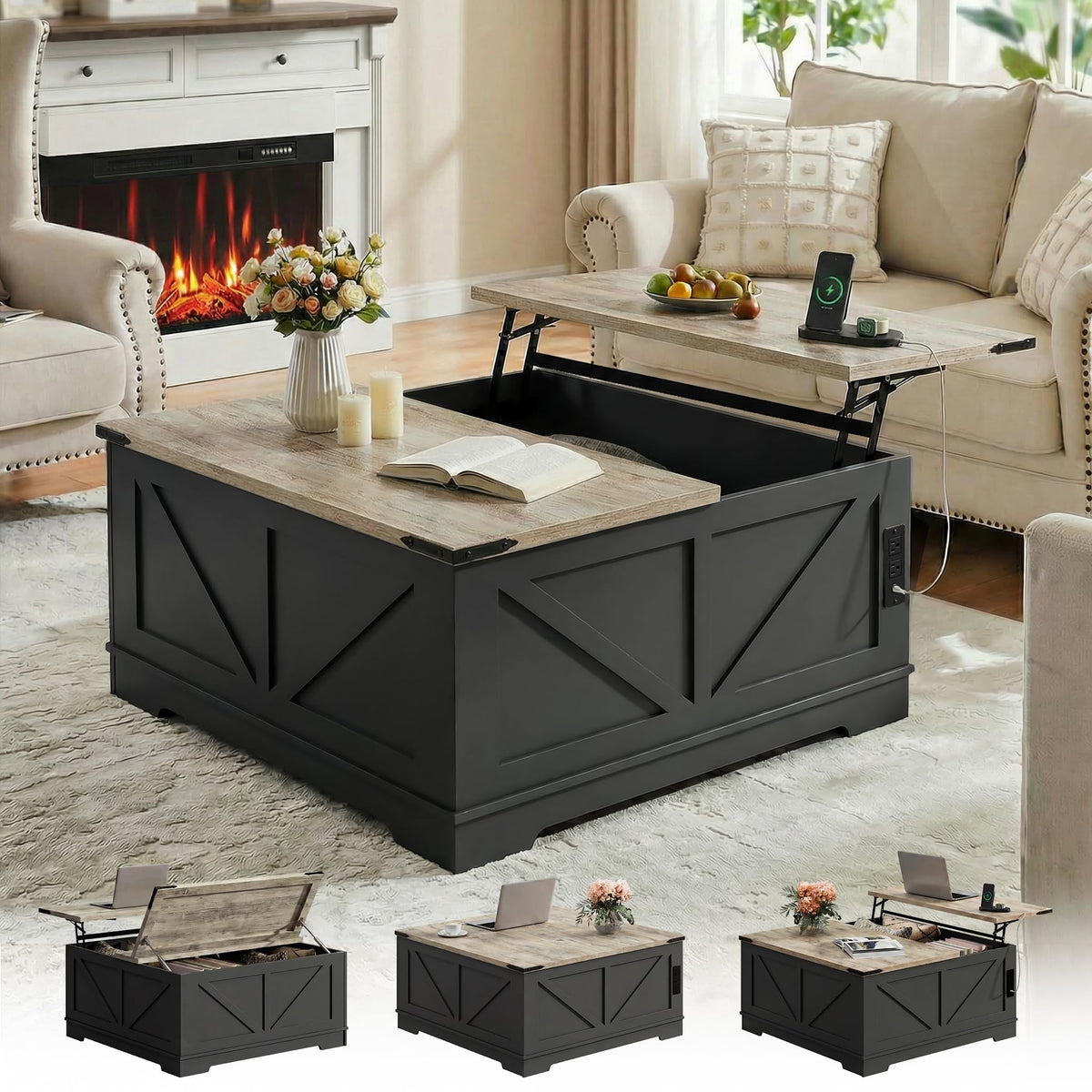 Black Lift Top Wood Coffee Table with Storage I47231