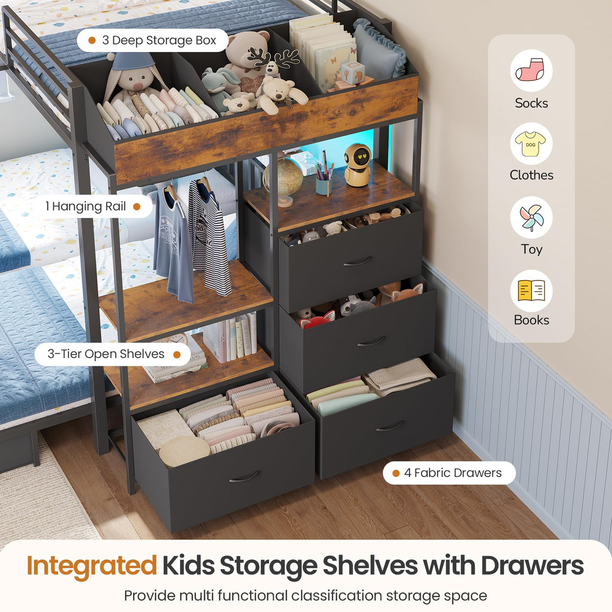 Black Triple Bunk Bed with 8 Storage Drawers and Stair G891791