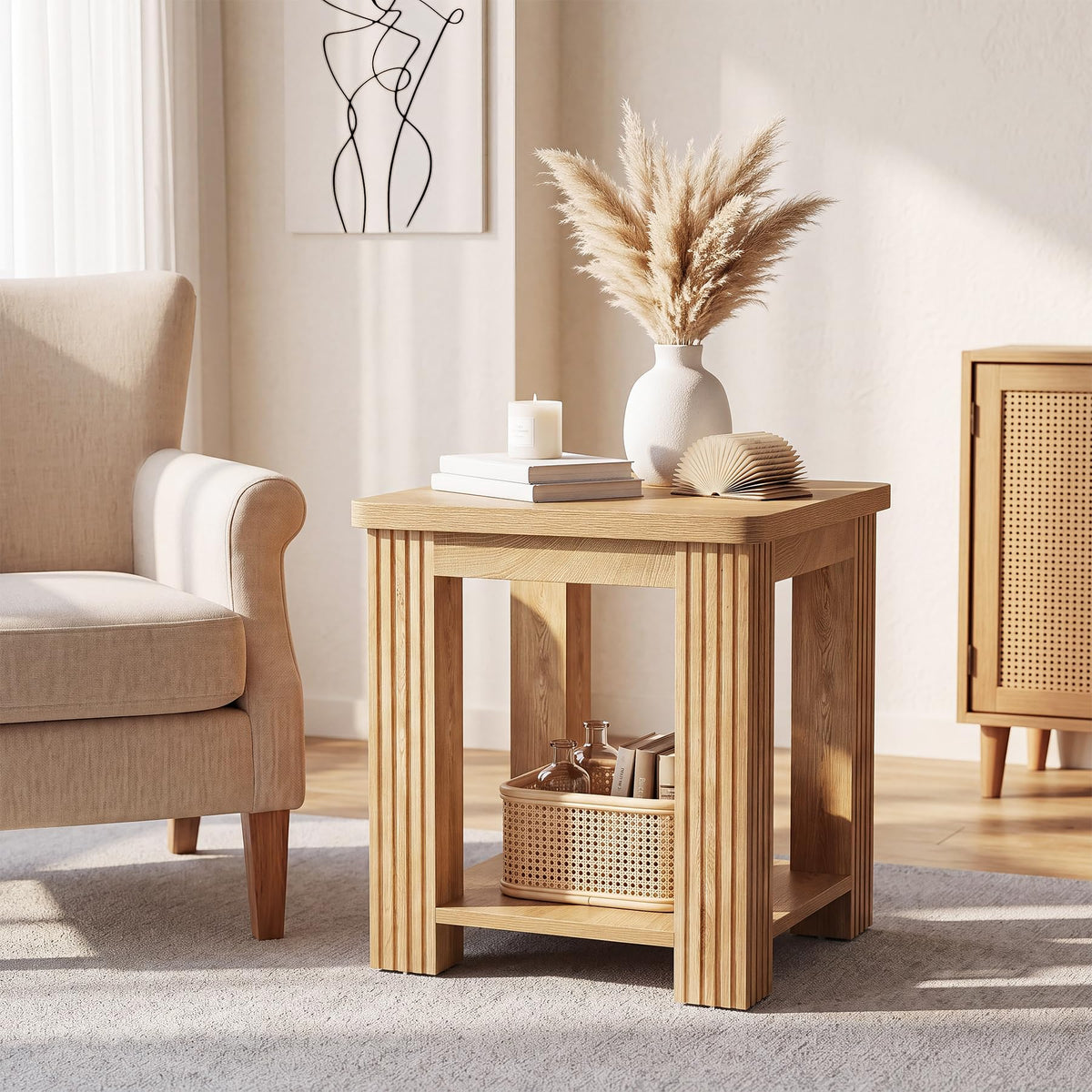End Table Set of 2, 2-Tier Square Side Table with Storage Shelf A718