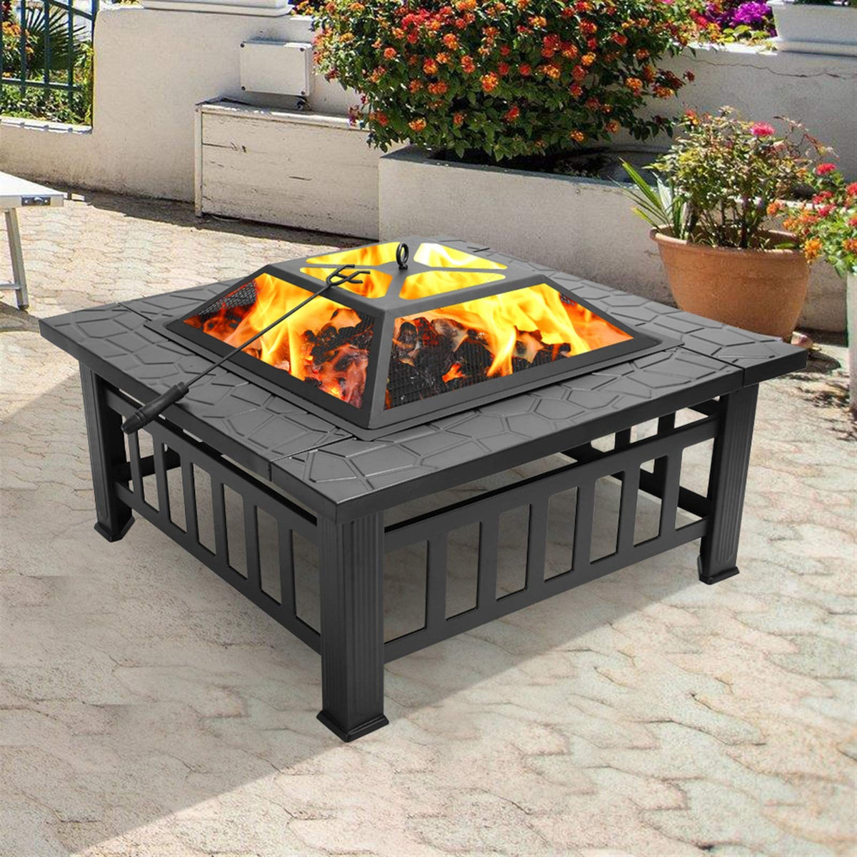 32-inch Metal Outdoor Fire Pit with Fireplace Screen O569