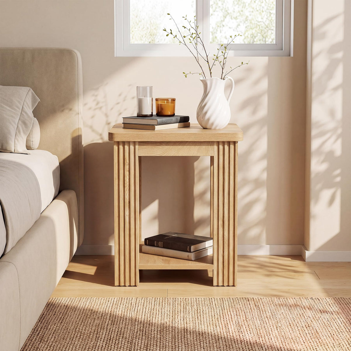 End Table Set of 2, 2-Tier Square Side Table with Storage Shelf A718