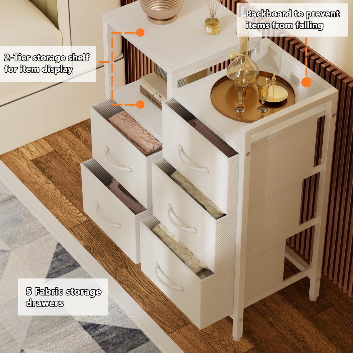 White 4 Drawer Dresser with 5 Storage Bins Z672