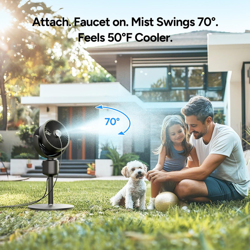 Compact Misting Pedestal Fan with Magnetic Mister, Quiet Air Circulator Standing Fan, 16-34" Adj. Height, 70°Auto-Oscillation, 3 Speeds I4824