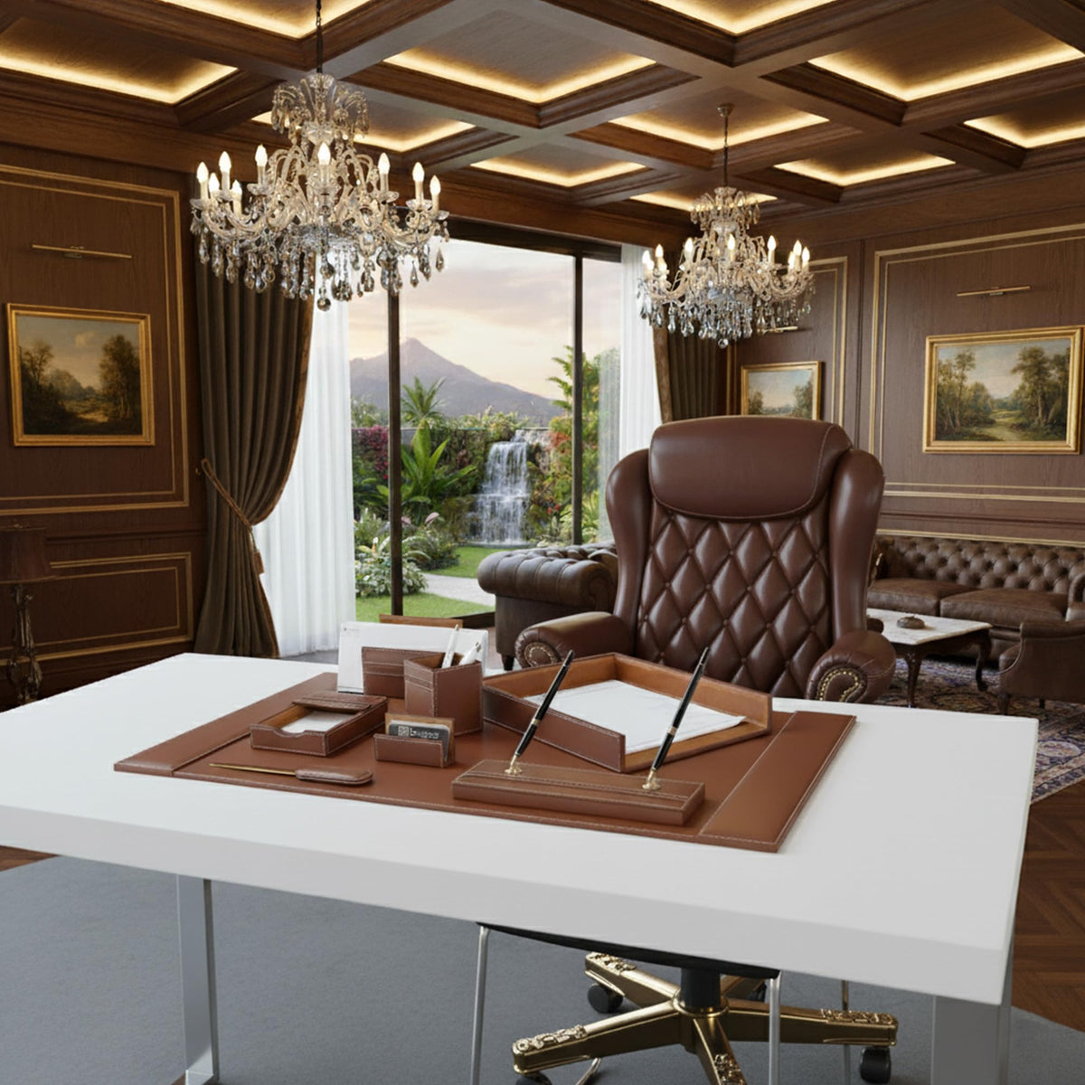Rustic Brown Leather Desk Set, 8-Piece K109