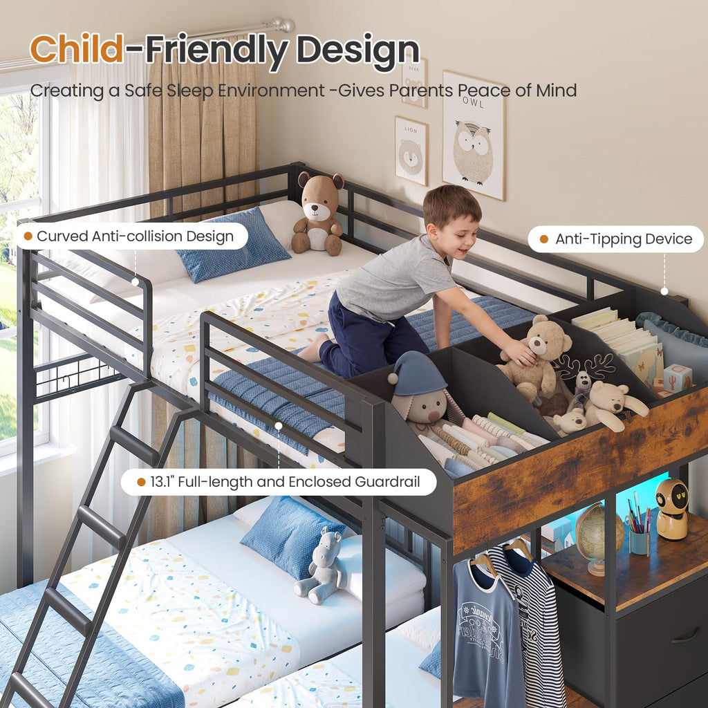 Black Triple Bunk Bed with 8 Storage Drawers and Stair G891791