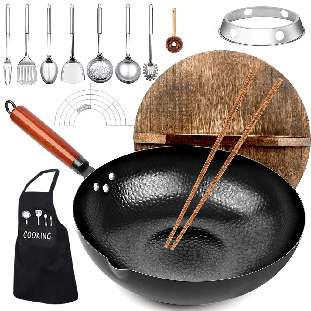 14 Piece Carbon Steel Wok Pan Set with Wooden Lid C90109