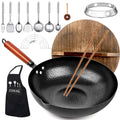 14 Piece Carbon Steel Wok Pan Set with Wooden Lid C90109