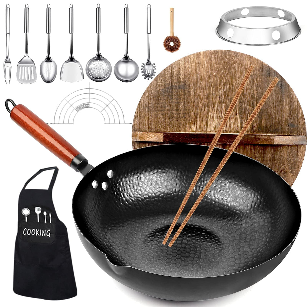 14 Piece Carbon Steel Wok Pan Set with Wooden Lid C90109