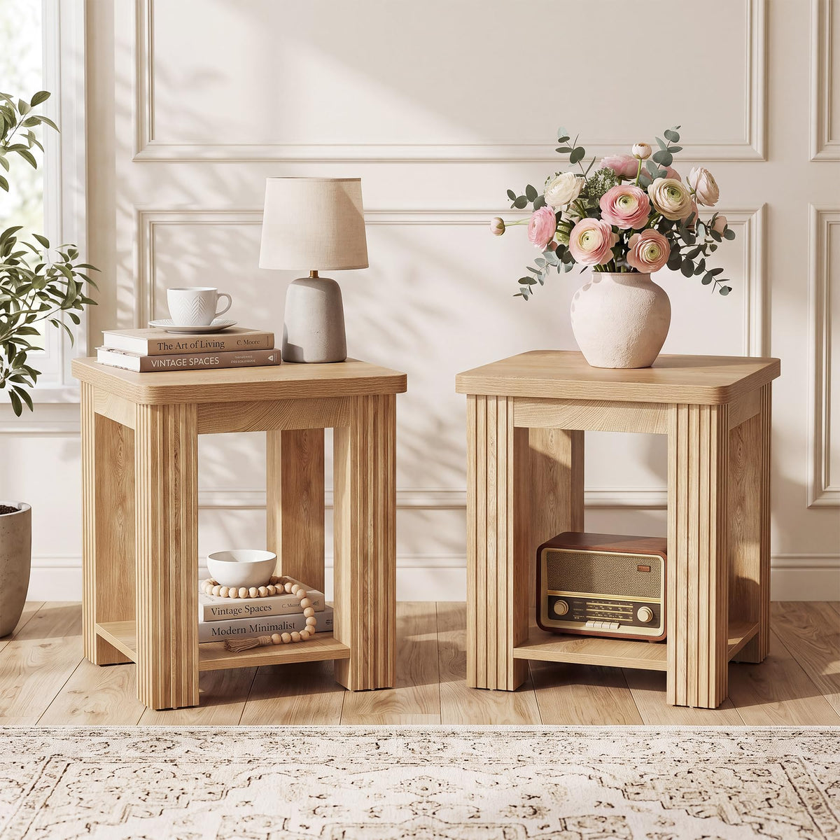 End Table Set of 2, 2-Tier Square Side Table with Storage Shelf A718