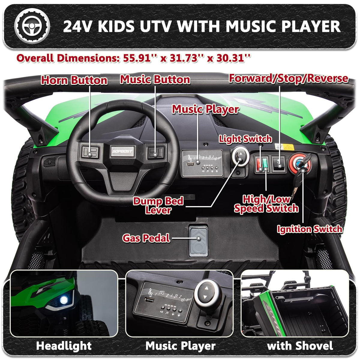 2 Seater 24V 10Ah Ride On Dump Truck with EVA Tires, Green E2106