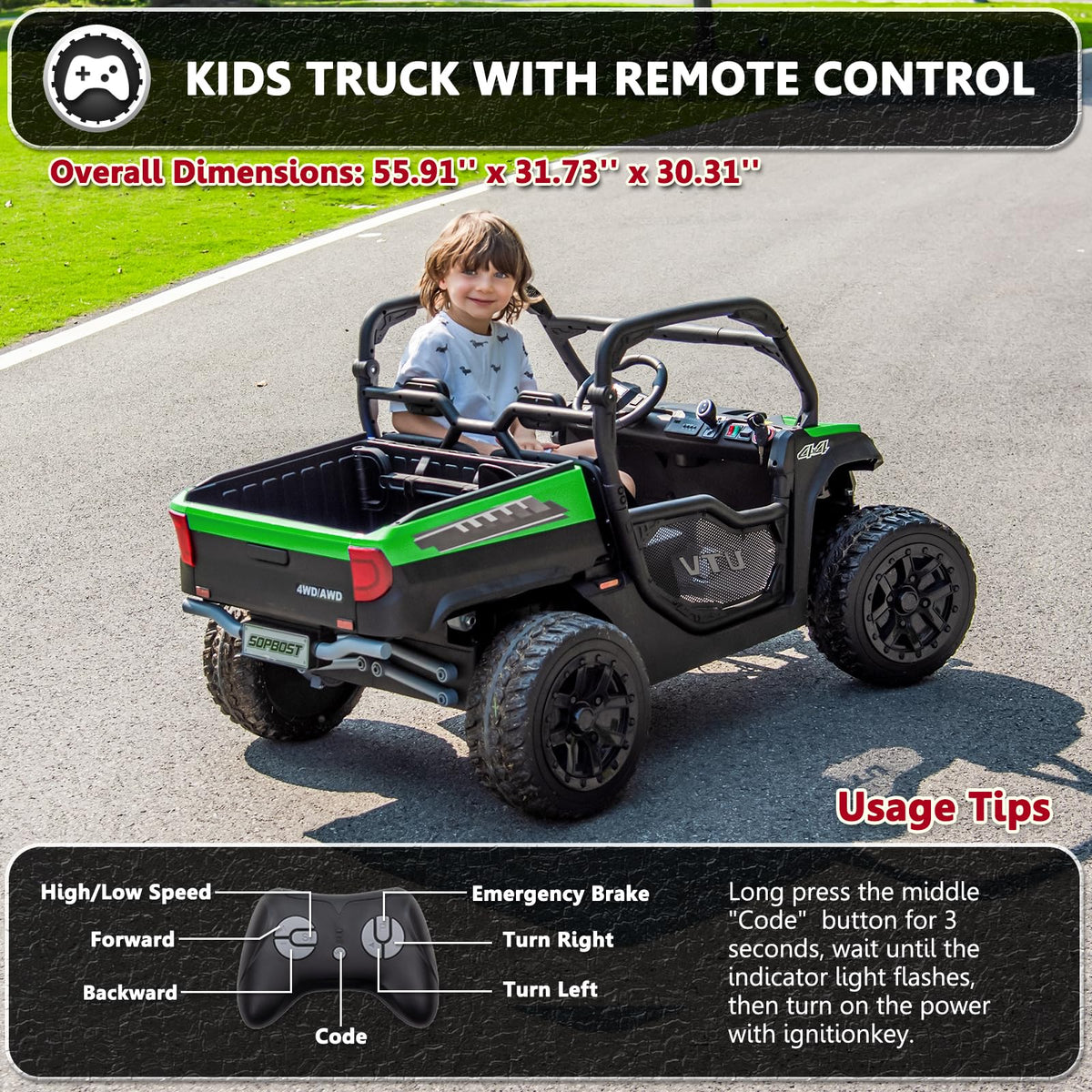 2 Seater 24V 10Ah Ride On Dump Truck with EVA Tires, Green E2106