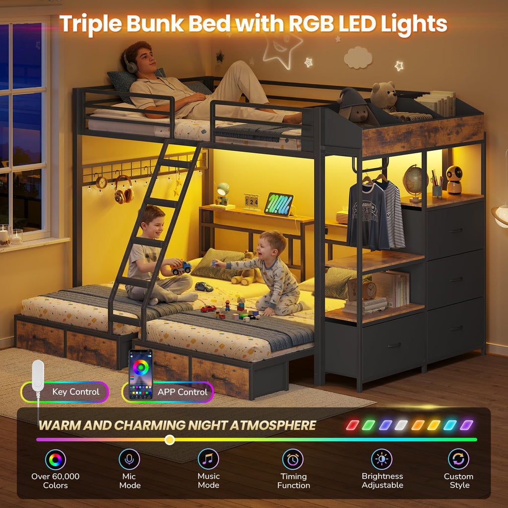 Black Triple Bunk Bed with 8 Storage Drawers and Stair G891791