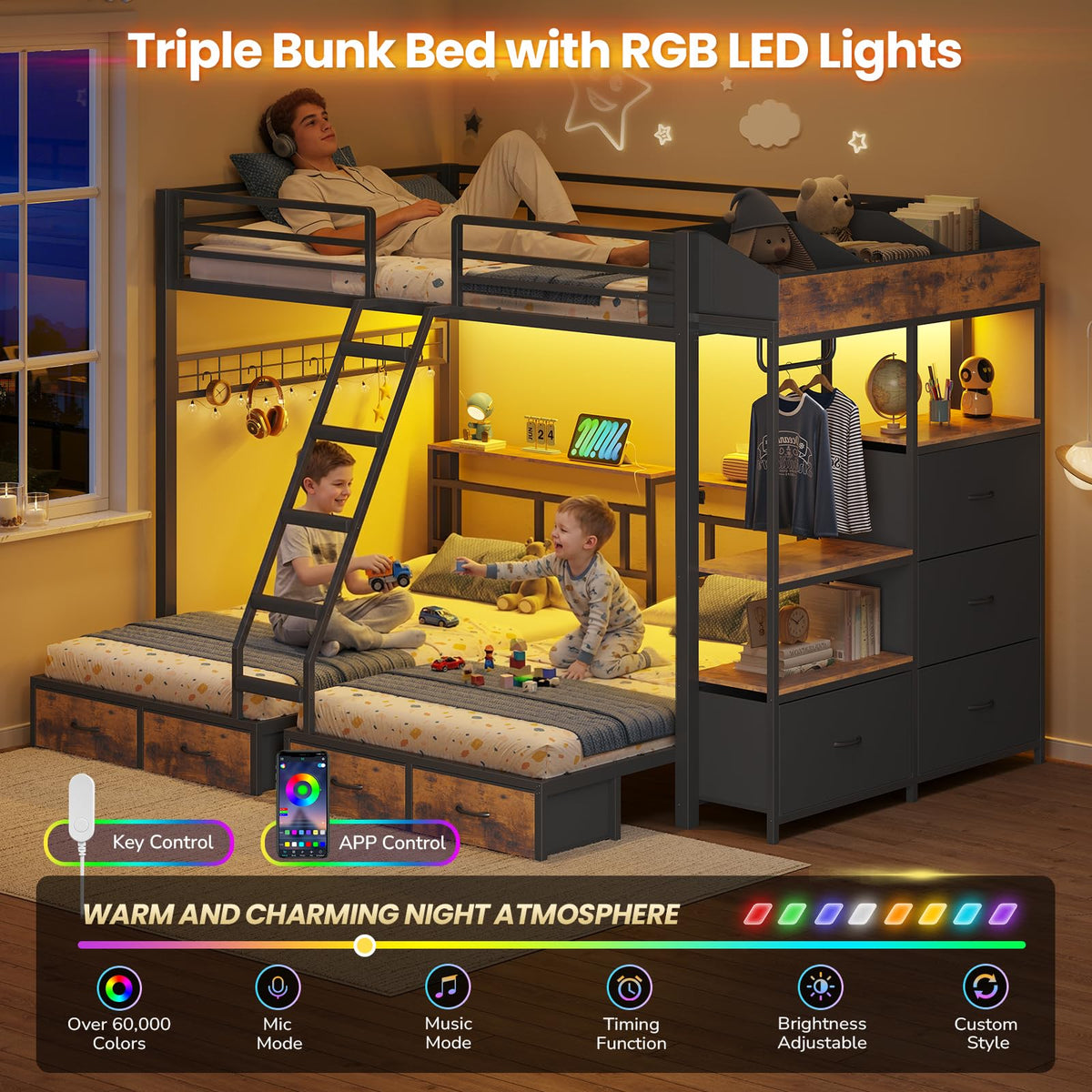 Black Triple Bunk Bed with 8 Storage Drawers and Stair G891791