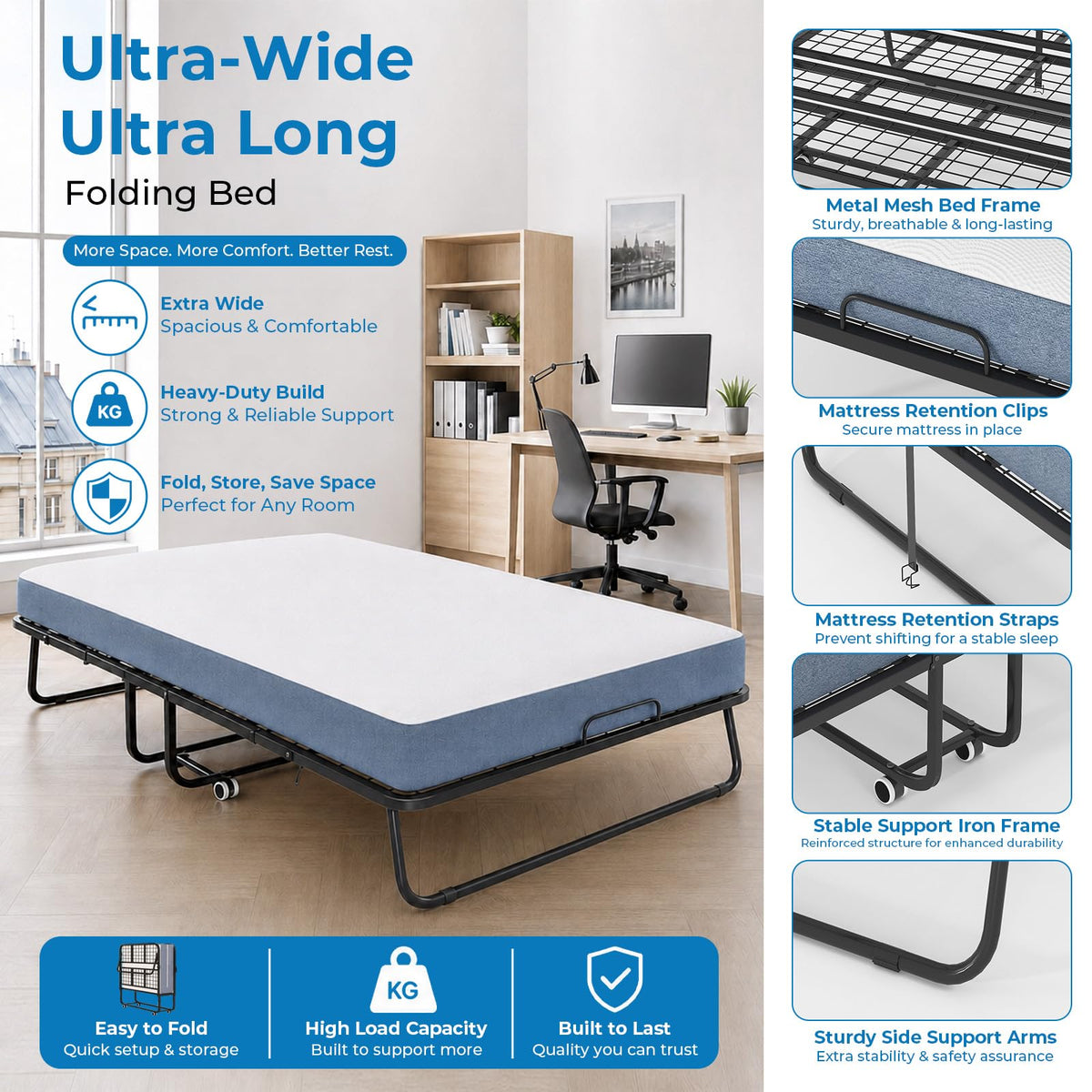 Folding Bed with 5" Foam Mattress Queen Size Metal Frame W551740