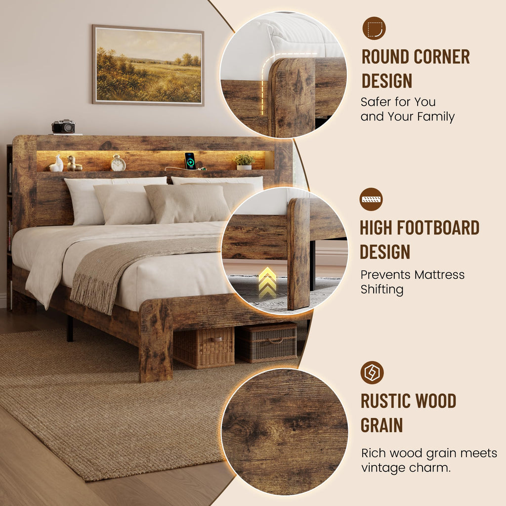 King Size Brown Wood Bed Frame with Bookcase Storage Headboard C78116