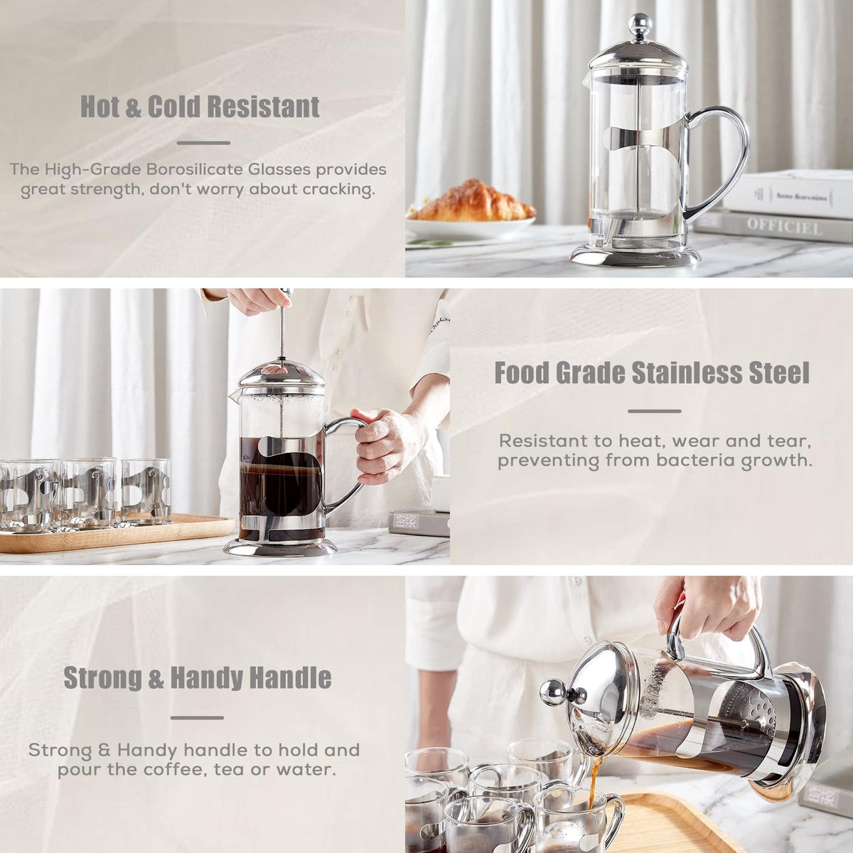 Silver 34oz French Press Coffee Maker with 4-Level Filter System Z65633