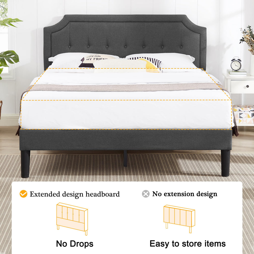 Queen Size Fabric Upholstered Platform Bed Frame with Wooden Slats G3958
