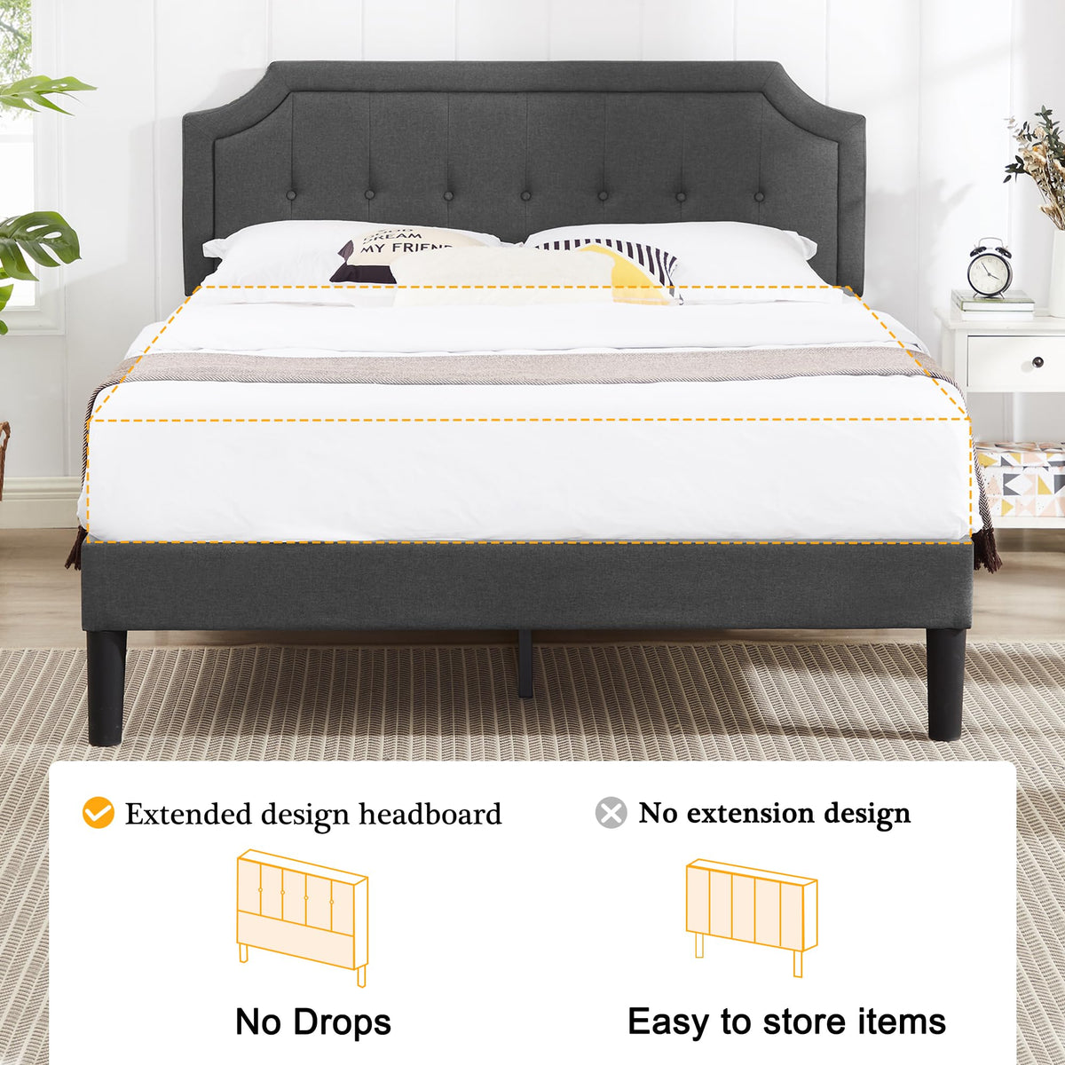 Queen Size Fabric Upholstered Platform Bed Frame with Wooden Slats G3958