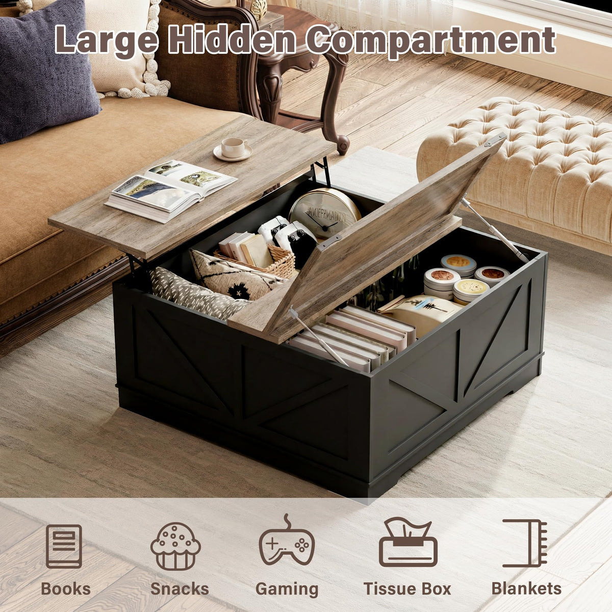 Black Lift Top Wood Coffee Table with Storage I47231